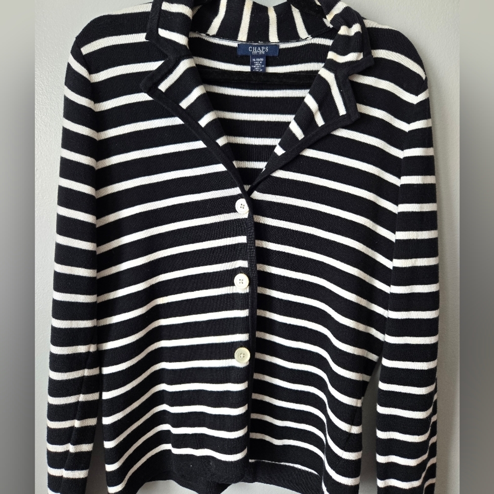 Chaps 100% Cotton Nautical Black & White Striped Cardigan Sweater Size XL - Picture 3 of 5
